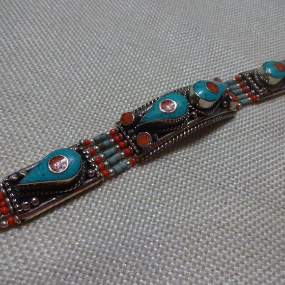 Tribal TURQUOISE & RED CORAL Handmade Sterling Bracelet Size 7" #38C - Picture 2 of 3